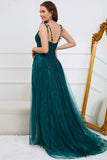 A Line Spaghetti Straps Dark Green Long Formal Dress with Appliques