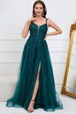 A Line Spaghetti Straps Dark Green Long Formal Dress with Appliques