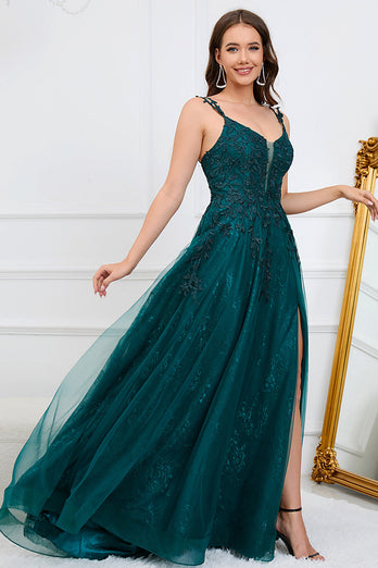 A Line Spaghetti Straps Dark Green Long Formal Dress with Appliques