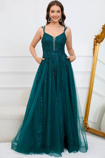A Line Spaghetti Straps Dark Green Long Formal Dress with Appliques