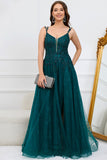 A Line Spaghetti Straps Dark Green Long Formal Dress with Appliques