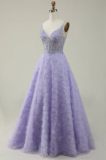A Line V Neck Purple Long Formal Dress with 3D Flowers