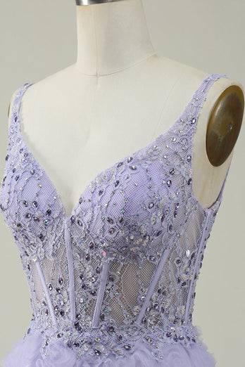 A Line V Neck Purple Long Formal Dress with 3D Flowers