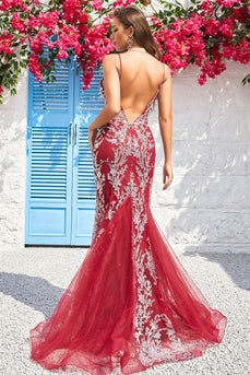 Mermaid Spaghetti Straps Burgundy Long Formal Dress with Open Back