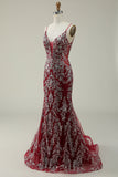 Mermaid Spaghetti Straps Burgundy Long Formal Dress with Bronzing