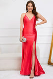 Deep V-Neck Sleeveless Long Red Formal Dress with Slit