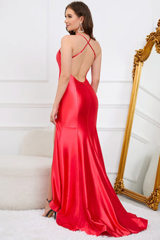 Deep V-Neck Sleeveless Long Red Formal Dress with Slit