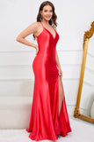 Deep V-Neck Sleeveless Long Red Formal Dress with Slit