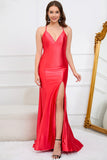 Deep V-Neck Sleeveless Long Red Formal Dress with Slit