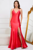 Deep V-Neck Sleeveless Long Red Formal Dress with Slit