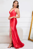 Deep V-Neck Sleeveless Long Red Formal Dress with Slit