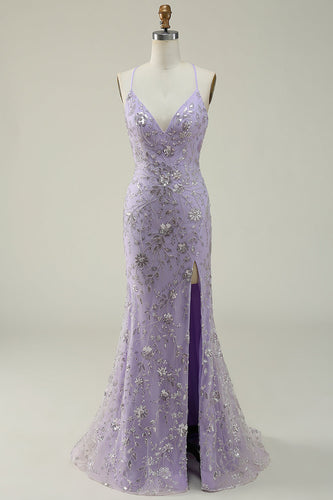 Mermaid Spaghetti Straps Purple Long Formal Dress with Beading