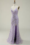 Mermaid Spaghetti Straps Purple Long Formal Dress with Beading