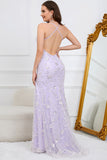 Mermaid Spaghetti Straps Purple Long Formal Dress with Criss Cross Back