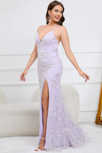Mermaid Spaghetti Straps Purple Long Formal Dress with Criss Cross Back