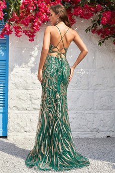 Mermaid Spaghetti Straps Dark Green Long Formal Dress with Bronzing