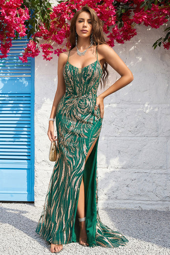 Mermaid Spaghetti Straps Dark Green Long Formal Dress with Bronzing