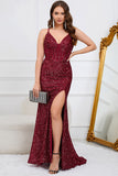 Mermaid Sequins Burgundy Long Formal Dress with Slit