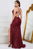 Mermaid Sequins Burgundy Long Formal Dress with Slit