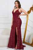 Mermaid Sequins Burgundy Long Formal Dress with Slit