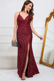 Mermaid Sequins Burgundy Long Formal Dress with Slit