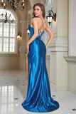 Sparkly Blue Corset Long Formal Dress with Slit