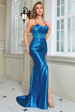 Sparkly Blue Corset Long Formal Dress with Slit