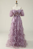 A Line Off the Shoulder Purple Long Formal Dress with Printing