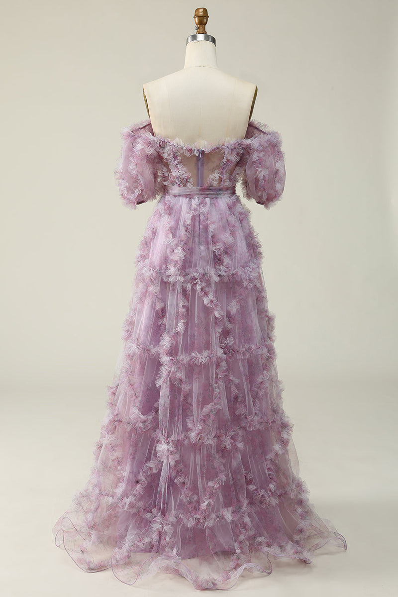 Load image into Gallery viewer, A Line Off the Shoulder Purple Long Formal Dress with Printing