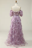 A Line Off the Shoulder Purple Long Formal Dress with Printing