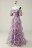 A Line Off the Shoulder Purple Long Formal Dress with Printing