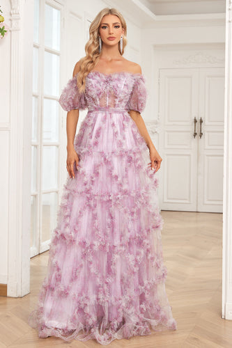 Charming A Line Off the Shoulder Purple Long Formal Dress with Printing