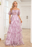 Charming A Line Off the Shoulder Purple Long Formal Dress with Printing