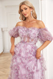 Charming A Line Off the Shoulder Purple Long Formal Dress with Printing