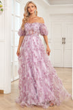 Charming A Line Off the Shoulder Purple Long Formal Dress with Printing