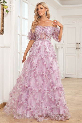 Charming A Line Off the Shoulder Purple Long Formal Dress with Printing