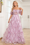 Charming A Line Off the Shoulder Purple Long Formal Dress with Printing