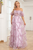 Charming A Line Off the Shoulder Purple Long Formal Dress with Printing