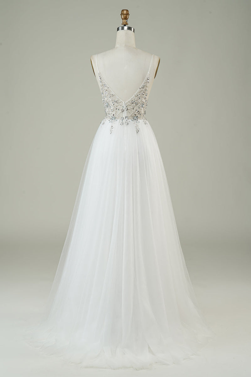 Load image into Gallery viewer, Gorgeous A Line Spaghetti Straps White Tulle Long Wedding Dress with Beading
