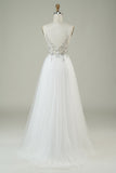 Gorgeous A Line Spaghetti Straps White Tulle Long Wedding Dress with Beading