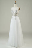 Gorgeous A Line Spaghetti Straps White Tulle Long Wedding Dress with Beading