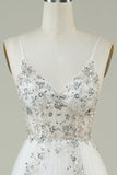 Gorgeous A Line Spaghetti Straps White Tulle Long Wedding Dress with Beading