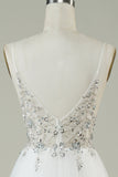 Gorgeous A Line Spaghetti Straps White Tulle Long Wedding Dress with Beading