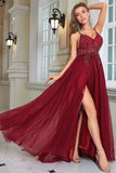 Sparkly Burgundy Beaded Long Tulle Formal Dress with Slit