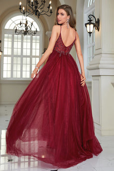 Sparkly Burgundy Beaded Long Tulle Formal Dress with Slit