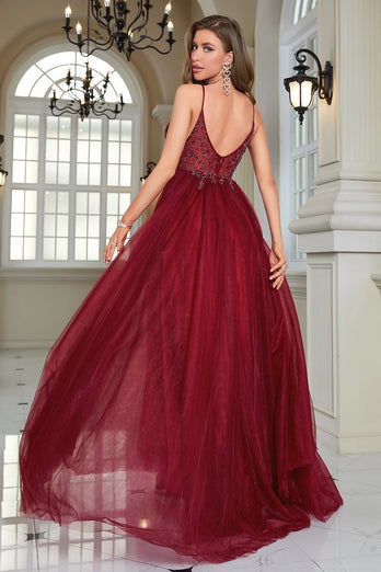 Sparkly Burgundy Beaded Long Tulle Formal Dress with Slit