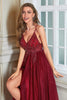 Load image into Gallery viewer, Sparkly Burgundy Beaded Long Tulle Formal Dress with Slit