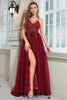 Load image into Gallery viewer, Sparkly Burgundy Beaded Long Tulle Formal Dress with Slit