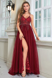 Sparkly Burgundy Beaded Long Tulle Formal Dress with Slit