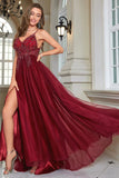 Sparkly Burgundy Beaded Long Tulle Formal Dress with Slit